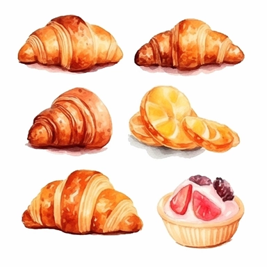 Watercolor Desserts Food Croissant Clipart , minimalist isolated white background, 8k
