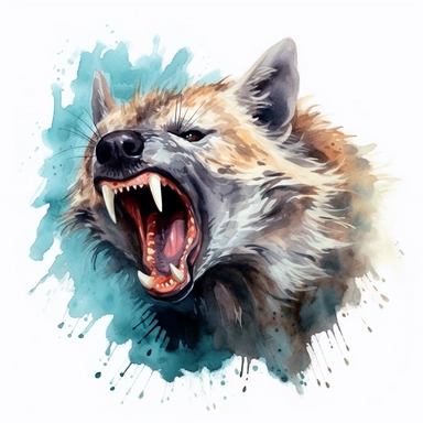 Snarling Hyena Watercolor Clipart: This piece captures a hyena mid-snarl, its fur a mix of Steel Teal and Alabaster, with its mouth in a vivid Cinnabar to showcase its raw aggression. isolated on white background