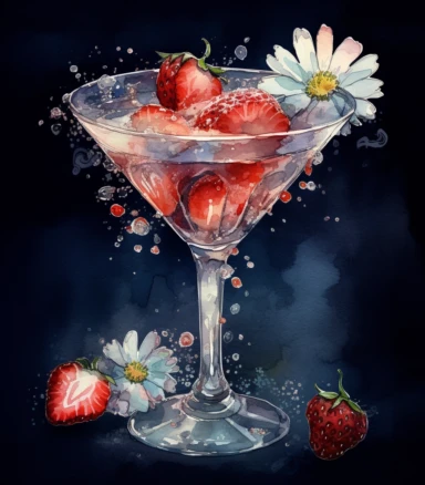DESIGN A MAGNIFICENT AND EXQUISITE BREATHTAKING ONE-OF-A-KIND HIGH QUALITY HIGHLY DETAILED MASTERPIECE WATERCOLOR CLIPART ILLUSTRATION OF A martini glass with flowers and strawberry, in the style of artgerm, detailed shading, артур скижали-вейс, dusan djukaric, intense energy, glitter, wimmelbilder, WHITE BACKGROUND, NO FONT, NO TEXT, NO WORDS, NO WATERMARK
