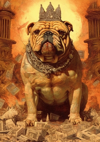 ancient myth the king of dogs by irving hicks ytst royal clip art by rick whitney, in the style of demonic photograph, 1860–1969, environmental activism, madonna and child, burned/charred, historical illustration, giant money sculptures
