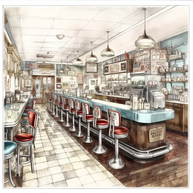 Clipart of a very detailed beautyful inside of a vintage diner, surrounded by white background, wide shot, very detailed, watercolor illustration, white background, cinematic, high quality, 32 k,