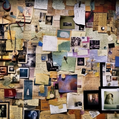 color photo of an Investigation Board full of old and new pictures and notes, close-up of one corner, unorganized, chaotic, messy, cluttered, overwhelming, textured, intricate, complex, detailed, with torn edges, faded colors, scribbles, post-its, lines, arrows, dates, labels, names, faces, maps, charts, graphs, and newspaper clippings — night, dimly lit, with a single lamp casting shadows and highlights on the board — camera settings: Canon EOS 5D Mark IV, Kodak Portra 800 35mm film, Canon EF 5