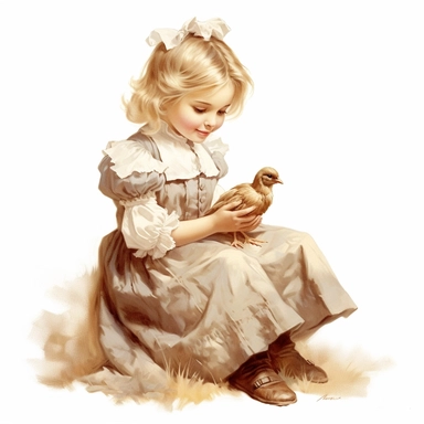 victorian vintage adorable little girl feeding chicken, full body, pastel beige colors, clipart style, accurate details, oil painting technique, super high quality, professional watercolor clipart, high resolution