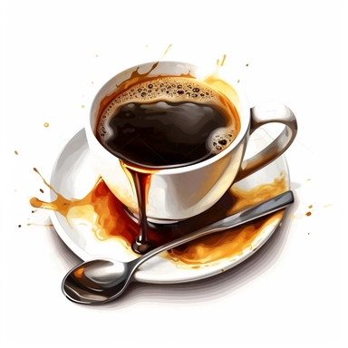 illustration of a cup of coffee, crisp, add embeliishments like tables spoons steam, beautiful, artistic, coffee, clipart, isolated on white background