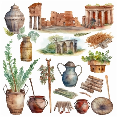 Watercolor roman forum with roman people trading, illustrations clipart set, simple, , cartoon elements, different variants , iron elements, marble elements, cloth elements, herbal elements, earthenware elements, separate elements with a margin