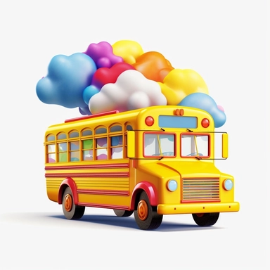 a yellow school bus with clouds, the alphabet and primary colors,png clipart, in the style of light purple and red, alexander bogen, eric carle, geometric optical illusions, dynamic and action-packed, english school, rounded, solid white background