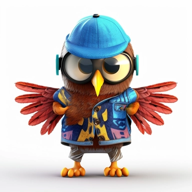 please create pixar style character clipart of an owl dressed like a rapper, back view with arms flexing, head front view