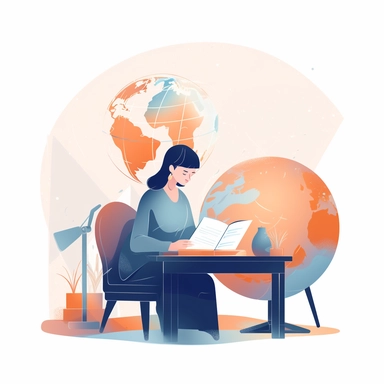vector design, teacher sitting at the table in the classroom, On table books and a globe, flat modern illustration, clipart, white background, soft gradient transition, in the style of warm color palette, natural pastel colors, in turquoise and indigo and orange colors, object portraiture specialist, uniformly staged images, animated illustrations