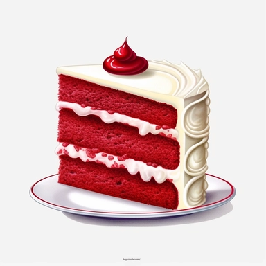 Design a clipart image of a red velvet cake white background. Depict a moist and velvety red-colored cake layered with cream cheese frosting, creating a visually striking dessert.