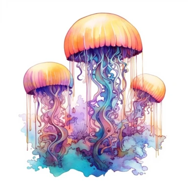 Whimsical Jellyfish, fantastical marine setting, clipart, watercolor style, white background