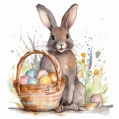 clipart watercolor sketch illustration of adorable brown bunny next to an easter basket fill with pastel easter eggs and flowers around him, loose charcoal lines, dry brush strokes, splashes of paint