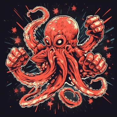 jiu jitsu fighter octopus logo, horror, satire, creepshow, 1980s, villains, clipart, fireworks, poster