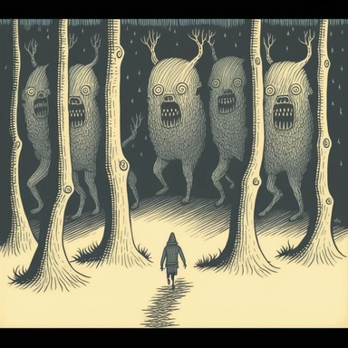 in the style of John Kenn Mortensen, human trail runner with head as a howling wolf, through white birch forest, chased by monsters, ghosts, animals, spooky, colorful, white background, magical, fantasy, vector, clipart, elaborate, ultra-detailed, best quality, well composed, vibrant color tone, trending on artstation, elaborate, cinematic lighting, vibrant colors, high definition