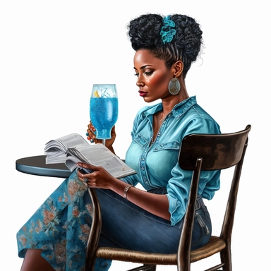 Beautiful African American woman, sitting in chair reading a book, black braid updo hairstyle, hyper realistic, intricate detail, wearing cyan blouse and denim jeans, sipping a glass of moscato, clipart