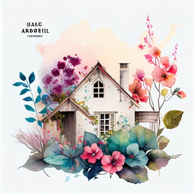 Vintage house with flowers watercolor clipart, pastel color, vibrant, watercolor, 8k, white blank background