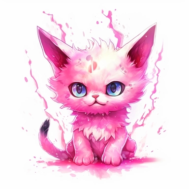 watercolor of cute electrical god cat, pink lightning strikes, vector free clipart illustration, in the style of unreal engine 5, 32k uhd, detailed features, white background