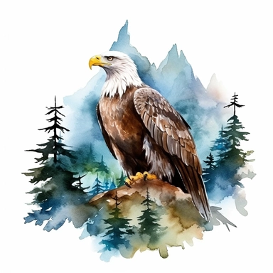 watercolor style, eagle with the mountain forest in the back clipart, isolated on white background, hd
