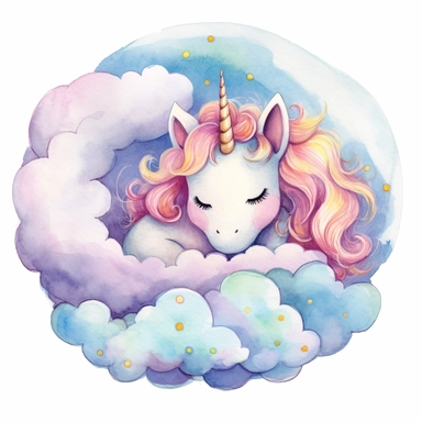 cartoon Whimsical Unicorn Sleeping on a Fluffy Cloud, Big Eyes, cartoon, watercolor, professional clipart, white background, neat, clean, round circle