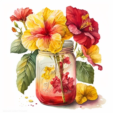 [6359467949] Watercolor clipart. A vibrant watercolor painting showcasing a bouquet of hibiscus flowers in full bloom, their delicate petals rendered with intricate detail in shades of vermillion, raspberry, and buttercup yellow, arranged in a jar.. White background. No text. No caption. No logo