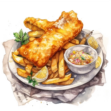 a delightful watercolor, hyper-realistic clipart image with a white background and white margins, showcasing a plate of crispy fish and chips. The ultra-detailed, hand-drawn elements capture the golden batter and tender fish. Use whimsical touches to add a sense of freshness, and bold shades of yellow and brown to evoke the comforting and satisfying nature of this classic fast food dish