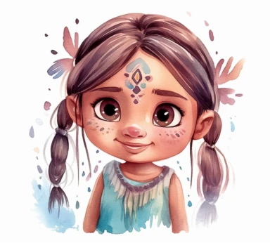 cute adorable little American Indian princess character watercolor clipart, disney, pixar