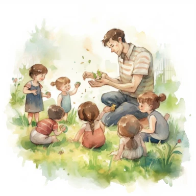 old father with brown hair playing with 7 kids in the garden. There is a 7 year old boy, two 4 year old boys, one 3 year old boy, one 4 year old girl with a dress, one 2 year old baby girl with a dress, and one 1 year old baby boy, watercolor style. background outdoor, sunset, clipart