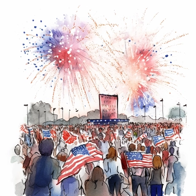 Watercolour of a 4th July celebration , viewed from behind, Clipart,Cartoon,hyper realistic, intricate detail, illustration style,high resolution, isolated on a white background