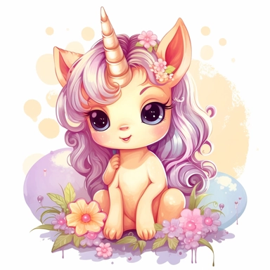 Clipart of a little Cute baby unicorn sweet face sitting on a mushroom no background