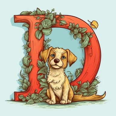 illustration in clipart children's coloringbook style, bi-color, a very simple letter D with a small dog, D is for dog
