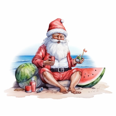 cute Santa Claus Sitting On The Beach eat watermelon, style by Lucy Fleming, watercolor, smooth gradients, black contour outline, ultra detailed, clipart elements, delicate pastel colors, solid white background, super clear, high quality