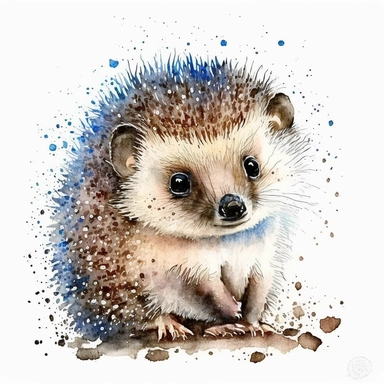watercolor cute hedgehog cub with bright blue eyes, animal illustrations, appropriation artist, aquarellist, album covers, disney animation, light maroon and light gold, precisionist art , clipart--ar 107:158