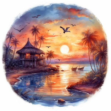 Paradise beach sunset, hut with thatched roof, beautiful, blue sky, white clouds, damatic, palms, birds , watercolor illustration painting, art style, colorfull masterpiece , colorful dreams, decorative paintings, clipart, detailed, 8k, on white background with margins