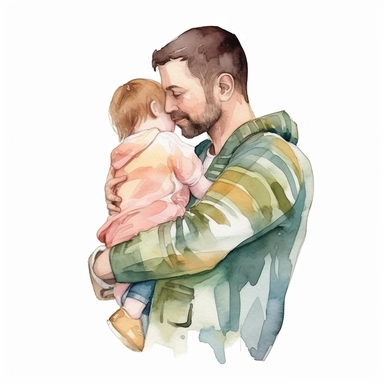 young pretty dad hugging his baby in his arms, watercolor clipart, liquid, cute illustration, isolated on the white background