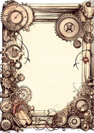 Blank ephemera paper page with ornate border illustrations vintage steampunk elemets, gears and engines pencil sketch, greeting card design, old botanical books style drawing, vintage, distressed textures, muted colors, craft paper texture, handwriting lines in background, pen and ink on paper with watercolor washes Watercolor, vector, white background, rice paper texture, clipart, flat illustration, outlined, Vector, 4K, Art station, digital print, highly detailed clean, detailed illustration, 