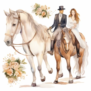 Very cute wedding illustrations clipart set, newlyweds riding a horse, on a white background separate elements with a margin, watercolors, husband and wife on their wedding day riding a horse together, love