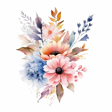 watercolor summer flower group for corner of invitation, clipart isolated on clear white background, soft colors, boho, lithograph, 32k uhd, textural