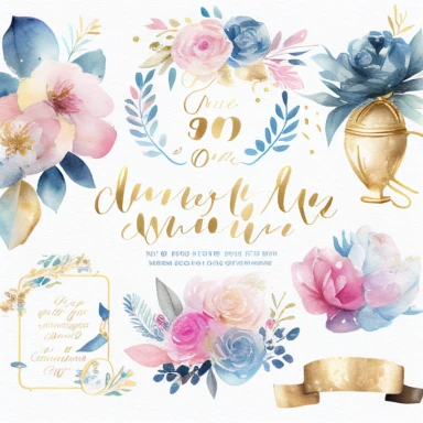 watercolor marriage anniversary clipart collection, white background, white, pink, blue and gold illustrations