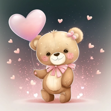 baby bear with hearts, butterflies flying, smiling, flowers with lights, cute, clipart, kawaii, disney, detailed, ultra high definition
