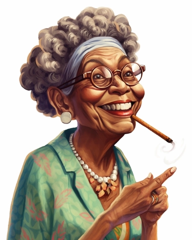 laughing funny Comic Book style Sassy hip African American Boho chic Grandma with long goddess braids puff puff pass Smoking a cuban cigar with smoke on the end tip of big blunt clipart
