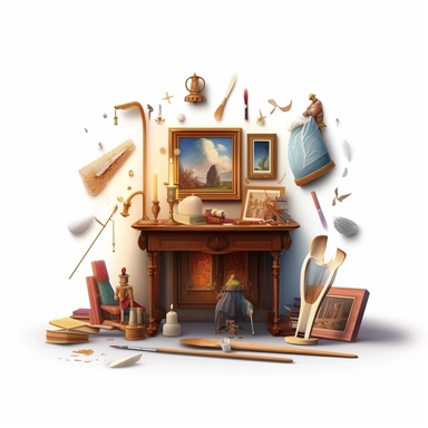 a clipart displaying a desk with collection of enchanted objects, including floating candles casting a warm glow, animated paintings depicting scenes from magical history, and brooms sweeping the floors on their own, white background, 4k, details,