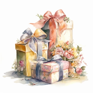 insanely beautiful pile of 3 gift packages , in the style of beatrice potter, 32k uhd, hand-painted details, pastoral illustrations, amazing colour combinations , aquarellist, hd , white background clipart ,-- no watermark--ar 27:37