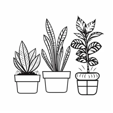 Potted Plants, Clipart, Cartoon style, Outline, Black on white background, Very simple, Minimalist, No Noise Flat