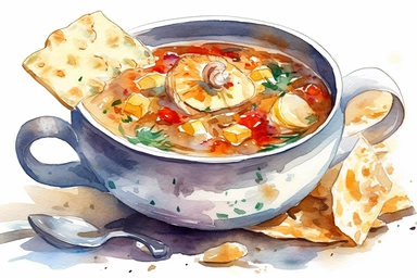 watercolor clam chowder with crackers clipart, hd, on white background, spaced out