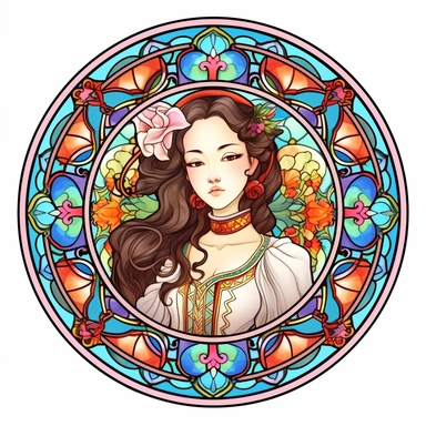 Vintage Cute Beautiful Round Stained Glass Korean fashion girl Sublimation Clipart, Cartoon, hyper realistic, intricate detail, illustration style, high solution, on the white background