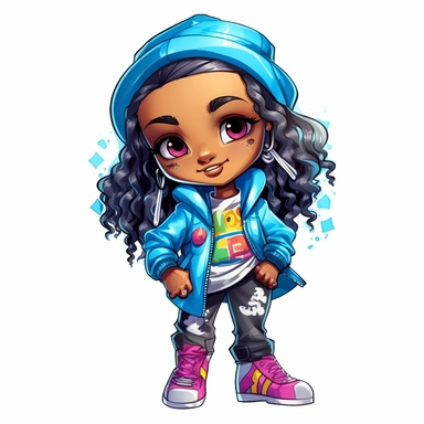 beautiful African American hip hop girl, chibi and kawaii style, colourful, white background, clipart, wearing blue