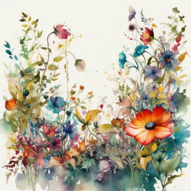 The watercolor floral border clipart morphs into an oil painting, reminiscent of the lush, botanical works of Rachel Ruysch. Against a white background, the border is alive with wildflowers painted with rich, vibrant strokes. The color temperature is balanced, each flower bursting with a unique palette of hues. No facial expressions are present, but the flowers radiate life and vitality. The lighting is subtly dramatic, enhancing the textural details and the lush, immersive atmosphere.
