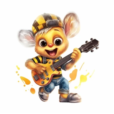 cute Bee character wearing rock music clothes and music element with happy face,front facing on isolated background,with happy face and expression,Animal Sublimation Clipart,no splash watercolor,white background, ultra detailed clipart, cut out image, colorful watercolor realistic, cartoon style, ultra HD, sharp and clean art