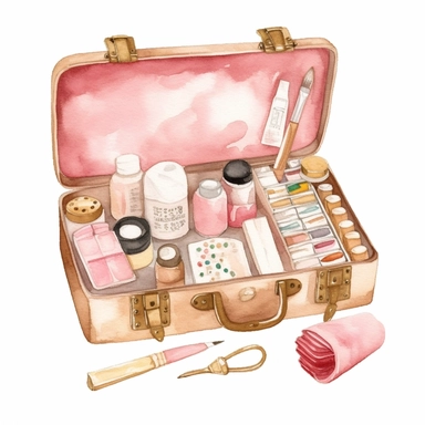 sweet pink and gold hand-painted in watercolors, first aid kit clipart, first aid suupply, isolated white background, single design, sharp, bold , sweet pink, cream, gold, hand-painted watercolor