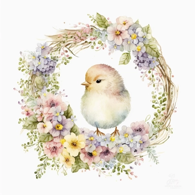 watercolor clipart cute Easter chick, spring floral wreath, white background, high resolution
