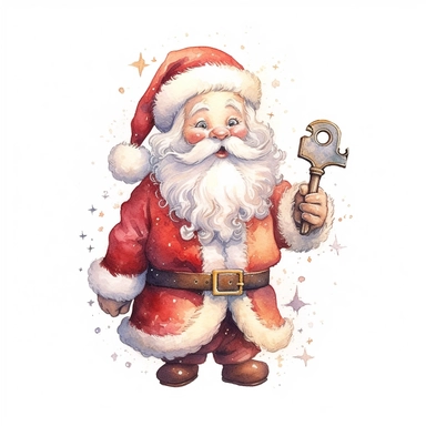 Create a detailed clipart image on a solid white background of a cute dreamy watercolour illustration Santa Claus, dressed in his red suit, holding out a gleaming sparkling little magic key with bright twinkling magic surrounding the key. Let his jolly expression and twinkling eyes convey the excitement and wonder of the holiday season. Capture the whimsical details of the key, adorned with stars and enigmatic engravings. Santa's hand should hold the key with care, as if it holds the power to un